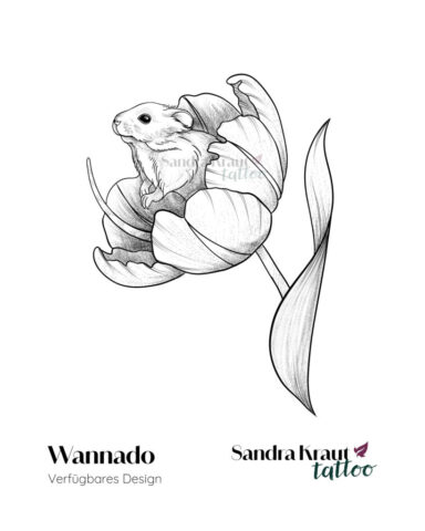 Tattoodesign von kleiner Maus in einer Tulpe im Blackwork Stil