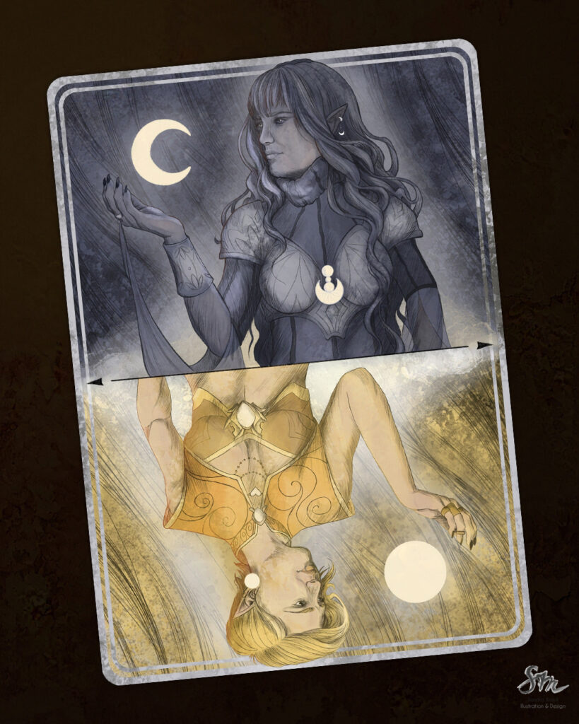 Digitale Illustration einer Spielkarte mit einem Bild, das zwei Frauen zeigt, die wie z.B. Damen auf einer Spielkarte dargestellt sind, gespiegelt. Die eine Frau symbolisiert die Nacht und den Mond und die andere Frau den Tag und die Sonne.