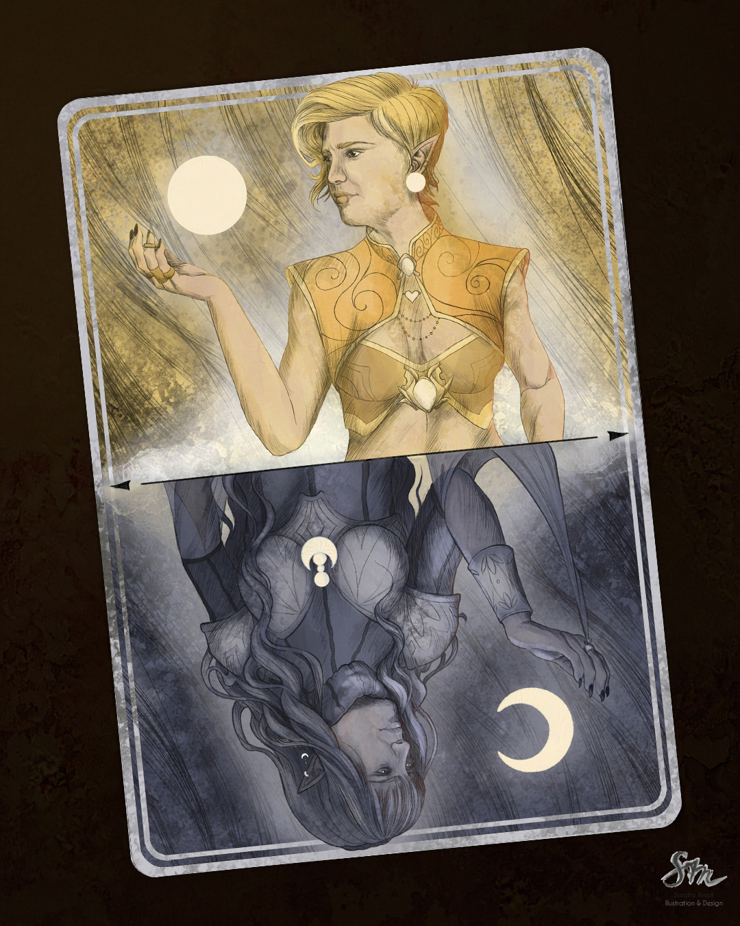 Digitale Illustration einer Spielkarte mit einem Bild, das zwei Frauen zeigt, die wie z.B. Damen auf einer Spielkarte dargestellt sind, gespiegelt. Die eine Frau symbolisiert die Nacht und den Mond und die andere Frau den Tag und die Sonne.