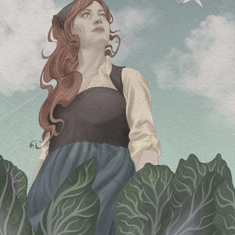 Illustration. Digital. Eine junge Frau in antiker Kleidung steht in einem Kohlfeld und blickt in den Himmel, wo ein Flugzeug über den Himmel fliegt.
