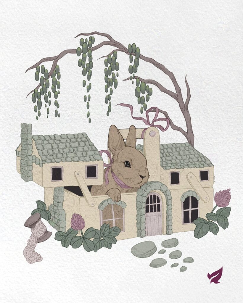 Illustration einer Nähbox als Cottage. In ihr lebt ein kleines Kaninchen.