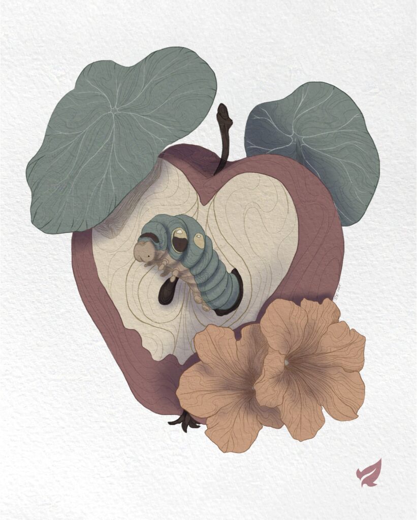 Illustration eines aufgeschnittenen Apfels, in ihm lebt eine Raupe. Umringt ist der Apfel von Blättern und Blüten der Kapuzinerkresse.
