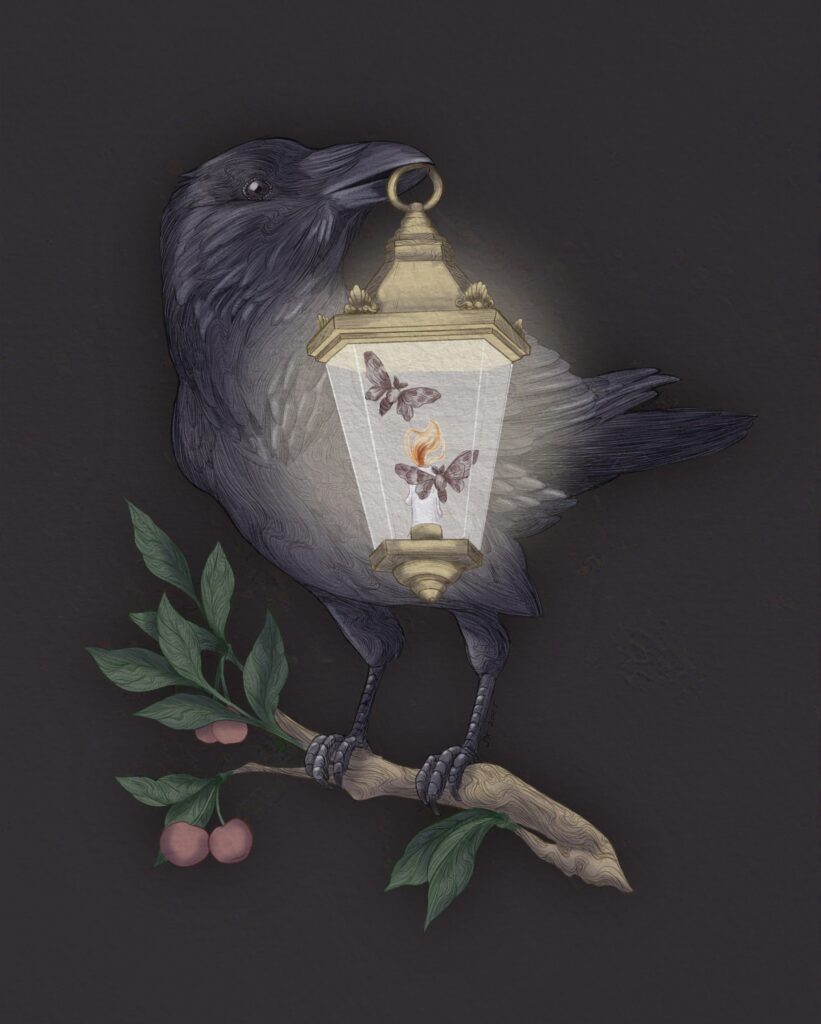Illustration einer Krähe, die eine Laterne im Schnabel hält. In der Laterne fliegen zwei Motten um den Schein einer Kerze. Der Rabe sitzt auf einem Ast eines Kirschbaumes.