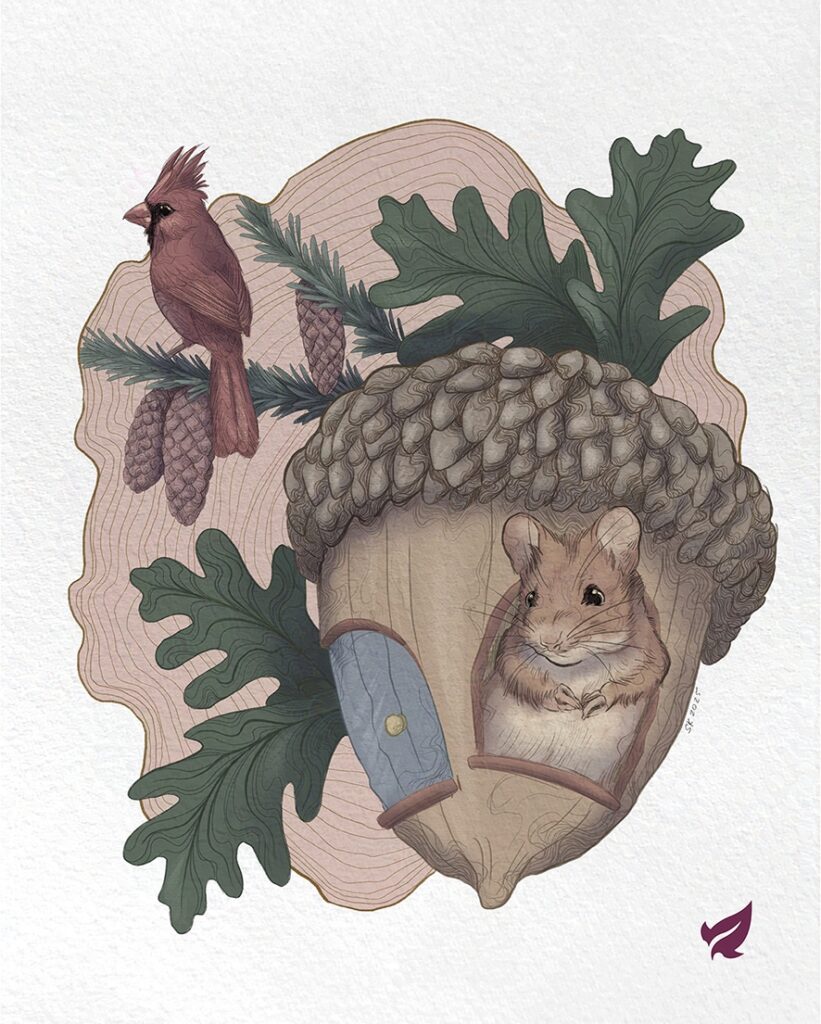 Illustration einer Eichel als Häuschen, In ihr lebt eine kleine Maus. Im Hintergrund ist ein Kardinal auf Koniferenzweigen zu sehen. Die Illustration ist freistehend.